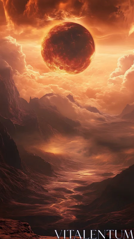 Fiery celestial body hovers above eroded canyon landscape
