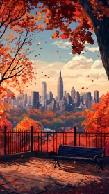 Autumn city overlook with skyline framed by red trees.