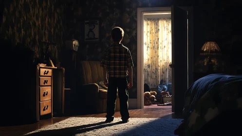 Boy standing in dim bedroom doorway lit by hallway glow.