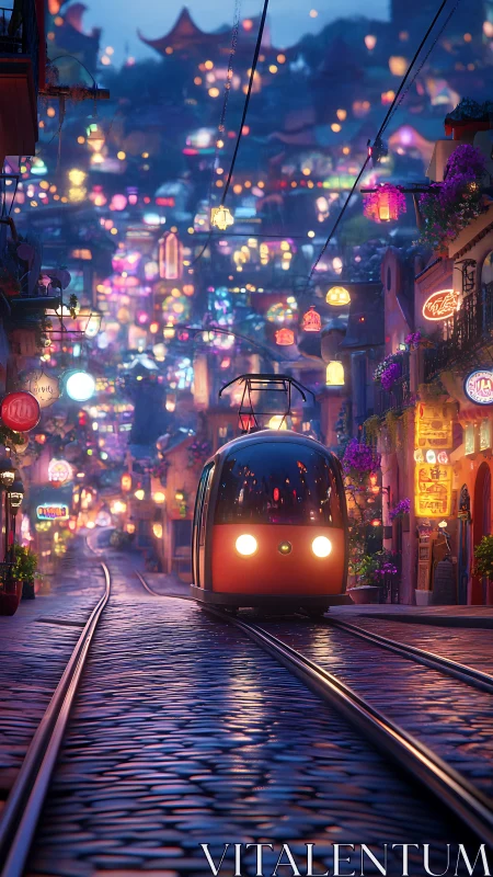 Night tram glides through neon lantern street in fantasy town