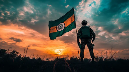 Soldier silhouetted with Indian flag against sunset sky.