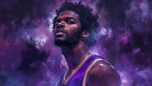 Confident basketball player emerges from swirling violet haze