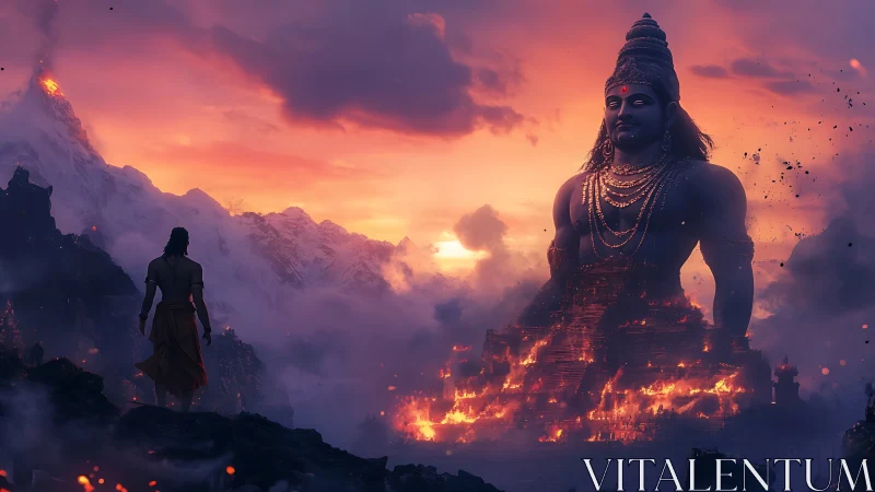 Colossal mountain deity above burning stepped temple.