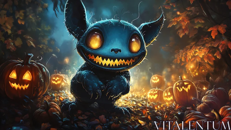 Demonic blue creature stalks glowing jack o lantern grove.