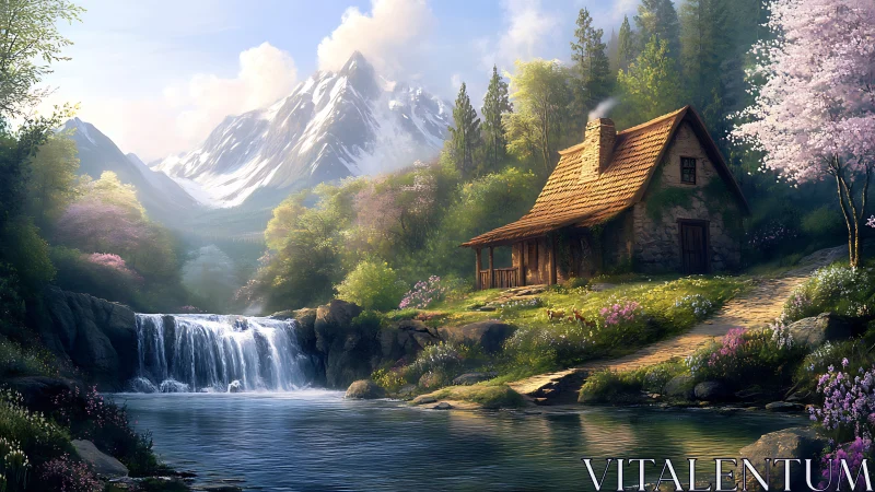 Digital cottage landscape beside waterfall under mountains.