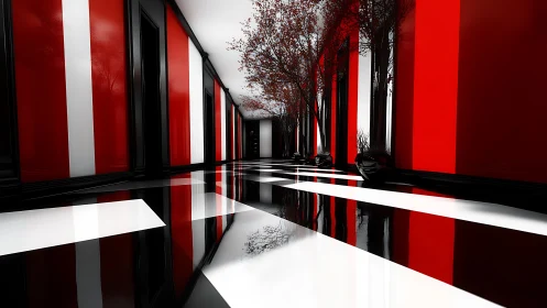 Crimson corridor of mirrors, trees, and liquid glass reflections.