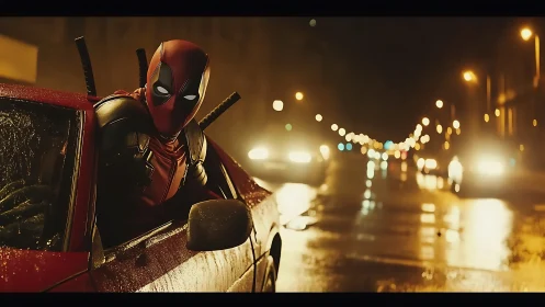 Cinematic antihero in rain-soaked urban car chase frame.