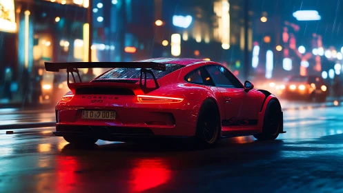 Red Porsche GT3 RS on wet neon city street at night.