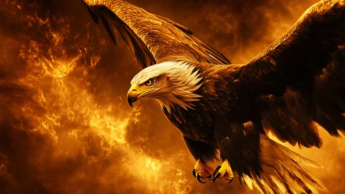 Majestic Bald Eagle in Fiery Skies Digital Art Illustration.