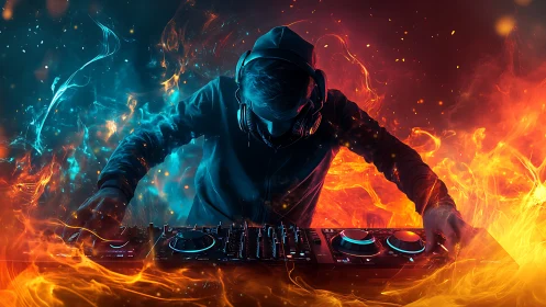 DJ bends fire and ice around pulsing electronic beats.