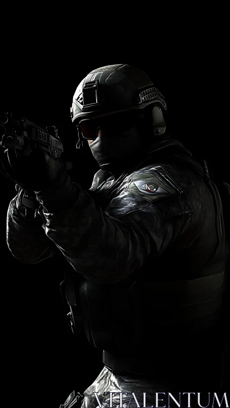 Tactical soldier aims rifle in dark, high contrast lighting