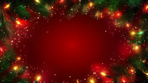Glowing Christmas lights frame a festive red holiday background