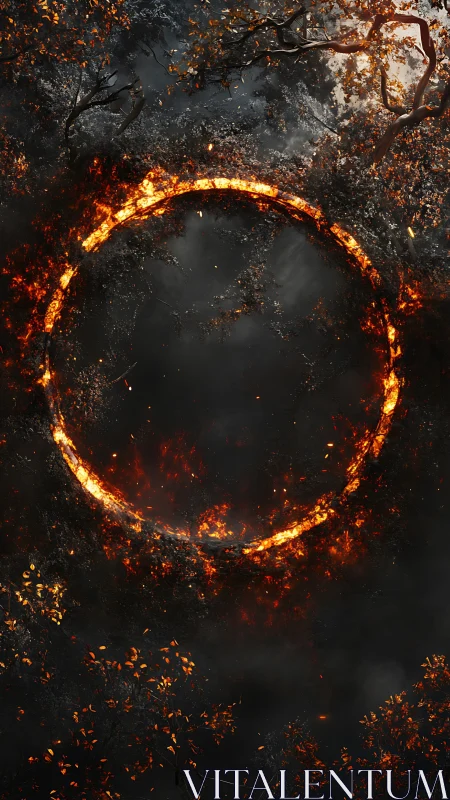 Radiant Fire Ring Against Dark Forest: Luminous Circular Combustion Portal