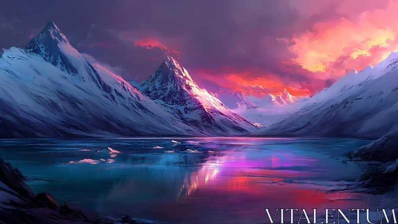 Snow-covered mountains and reflective lake under vivid sky