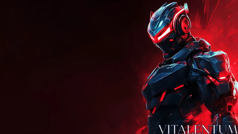 Cybernetic warrior in red neon armor on dark void field.