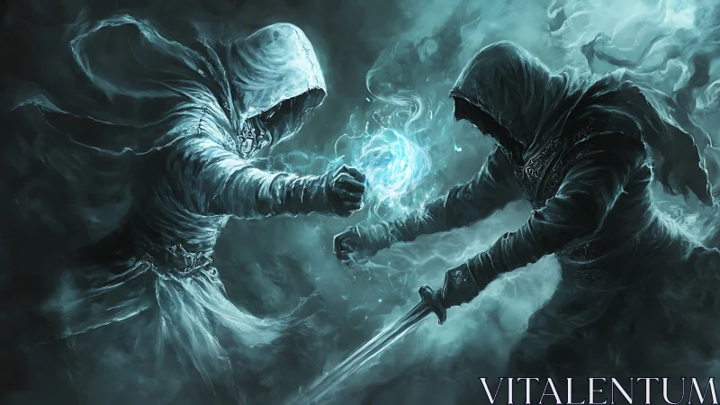 Hooded sorcerer and swordsman locked in spectral duel.