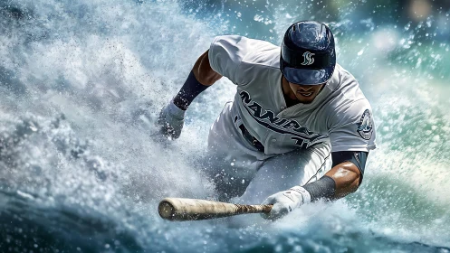 Baseball player sliding through stylized water spray field.