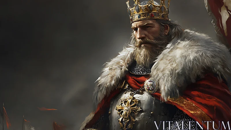 Stoic medieval king in crimson and fur regalia portrait.