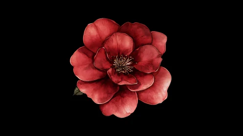 Crimson Camellia Blooms Against Darkness with Golden Center