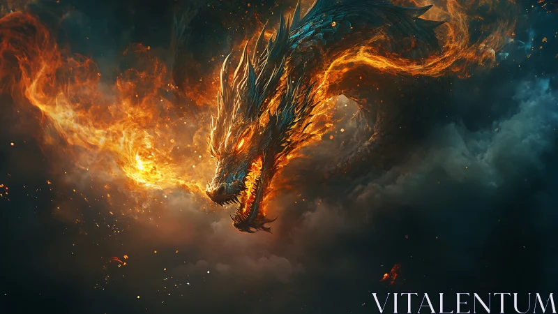 Storm-wreathed fire dragon carving embers from the dark sky.