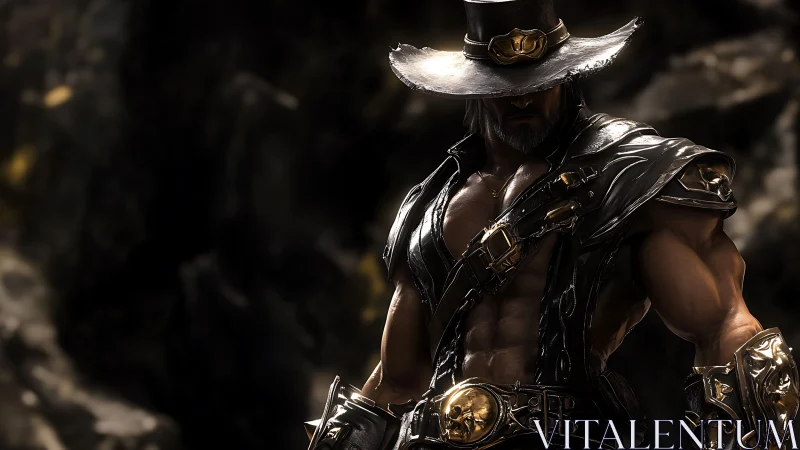 Armored gunslinger in dramatic low-key lighting stands poised