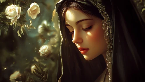 Soft light on a veiled dreamer in a quiet rose garden.