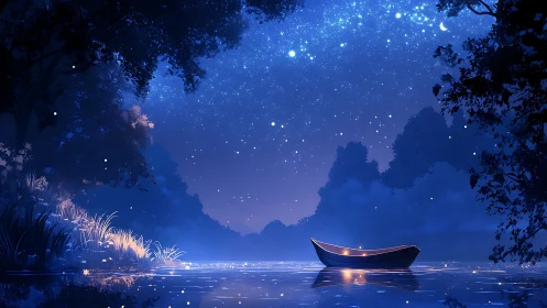 Silent river boat cradles starlight beneath a velvet sky