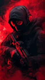 Tactical soldier silhouette in crimson smoke with rifle drawn