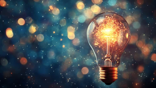 Photorealistic illuminated lightbulb with bokeh field backdrop.