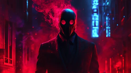 Masked specter in red neon alley with burning smoke aura.