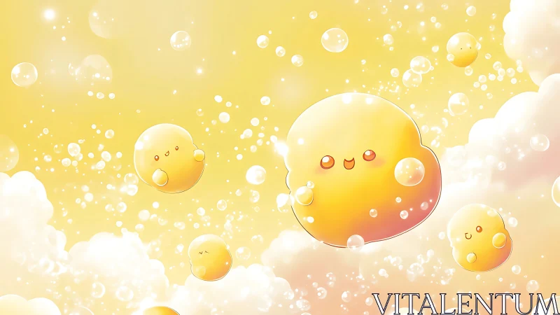 Cheerful Bubble Characters in Golden Sky.