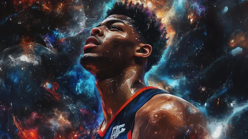 Basketball player portrait in vivid cosmic background.