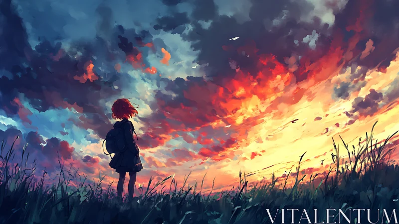 Lone schoolgirl greeting a wildfire sunset sky of dreams.