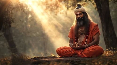 Forest sage meditates in golden sunlight, radiating calm