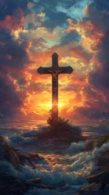 Sunlit crucifix rises over storm-tossed ocean horizon.