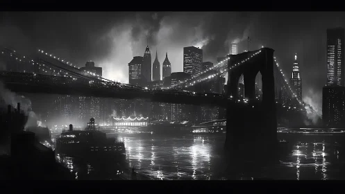 Noir riverside suspension bridge with backlit high‑rise skyline