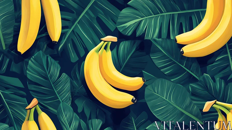 Tropical banana clusters layered over lush teal banana leaves.