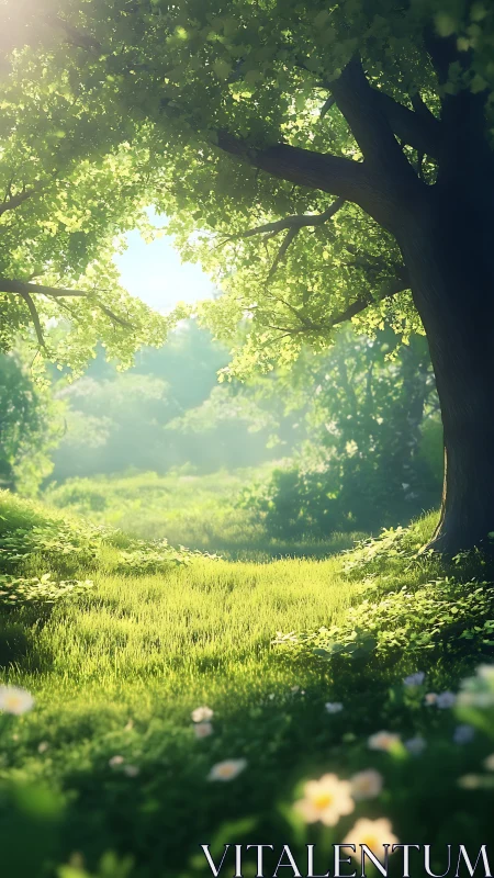 Forest clearing with tree canopy and daisies.