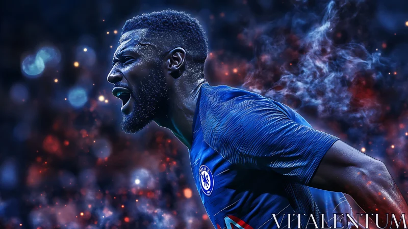 Roaring blue striker ignites a storm of electric stadium fire.