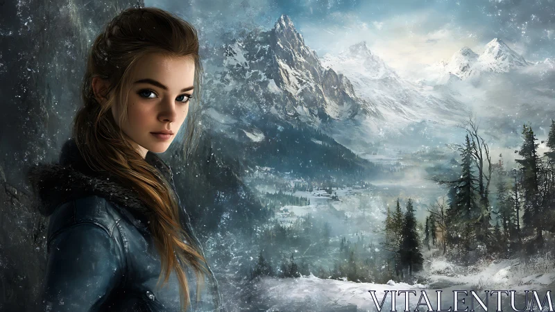 Young woman stands before vast snowy alpine landscape