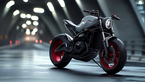 Futuristic streetfighter motorcycle in cinematic tunnel light.