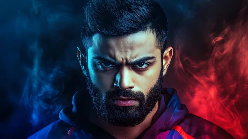 Intense bearded man in blue and red smoke portrait.