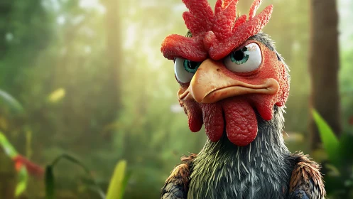 Computer-generated rooster character in forest setting