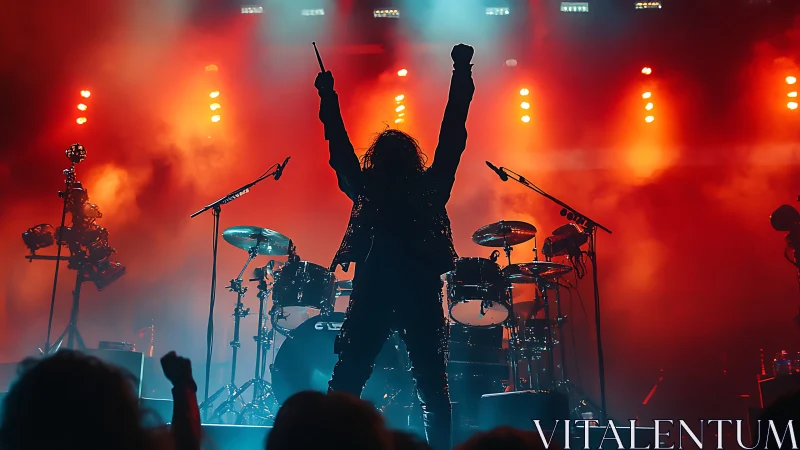 Silhouetted musician stands before drums under red stage lights