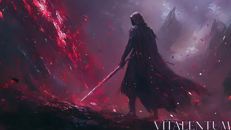 Hooded warrior confronts a crimson rift in swirling mist.