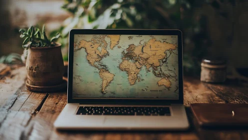 Photorealistic laptop display with vintage world map interface.