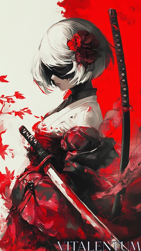 Blindfolded anime swordswoman in red petals and quiet resolve.