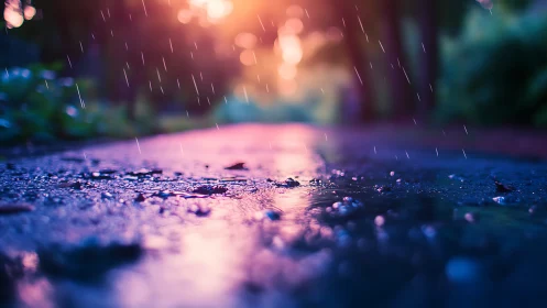 Twilight raindrops dance on neon-tinted woodland pavement