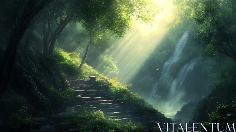 Forest pathway with waterfalls and directional light shafts