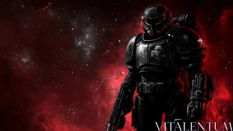 Starlit armored guardian walking through a crimson nebula.